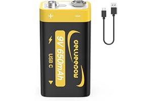 Delyeepow Bateria blokowa 9 V, 650 mAh, do ponownego ładowania, 9 V, akumulator litowy, 1500 cykli z kablem USB-C, 1 sztuka