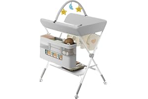 YOSAMY Foldable Baby Changing Table with Wheels,Adjustable Height Diaper Station, Portable Nursery Organizer with Storage Basket & Clothes Rail,Lockable Mobile Unit for Bath, Massage & Nappy Changes,0-12M