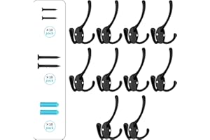 BIGLUFU Coat Hooks Heavy Duty,10Pcs Three Prongs Hooks Black Coat Hook Wall Mounted,with 40 Screws(Two Types of Screws Included),for Hanging Coat,Hat,Towel,Scarf,Bag,Key