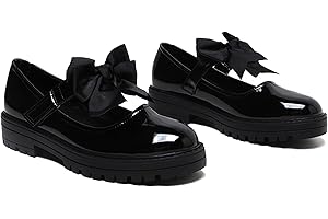 Gizelle® Girls Patent Black Mary Jane School Shoes with Detachable Bow On Strap - Toddler Kids Back to School Comfortable Anti-Slip Uniform Flat Shoes UK