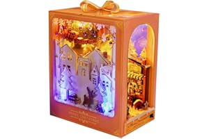 HVMABECK DIY Christmas Book Nook Kit with LED Light and Furniture,DIY Wooden Dollhouse Kit Puzzle House Model Building Kits, Home, Bookshelf Decor