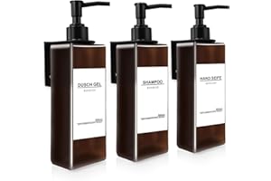 ROSELEE 3 Piezas Dispensador de Jabón para Pared Sin Taladrar 500ml Marrón Dispensador Gel y Champu Ducha con 3 Soportes y Etiquetas Impermeables para Cocina y Baño