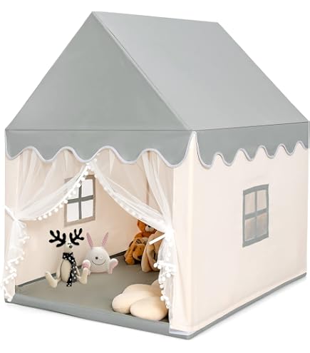 Tente pour enfant avec tapis rembourré, décoration et lumières LED, tente de jeu pour enfants, tente intérieure pour tout-petits, meuble de salle de jeux dans des couleurs neutres