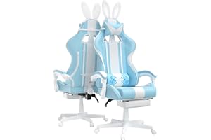 Ferghana Silla Gaming Ergonomica con Masaje, Silla Oficina con Reposacabezas y Reposapiés, Sillon de Juegos Kawaii Racing con Orejas de Conejo Azul Claro