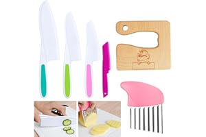 Vicloon Juego Cuchillos Cocina Niños, 6 pcs Juego de Cuchillos de Cocina de Plástico, Utensilios Cocina Montessori para Cortar y Cocinar Frutas o Verduras, incluye Cuchillo de Madera, Pelador