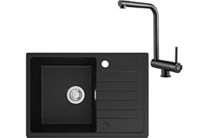 CECIPA Evier Cuisine 1 Bac avec Egouttoir + Mitigeur Cuisine Rabattable 65 x 45 cm, Evier Noir en Granit, Lavabo Cuisine 1 bac, Évier Cuisine avec Siphon Classique et Trop-plein