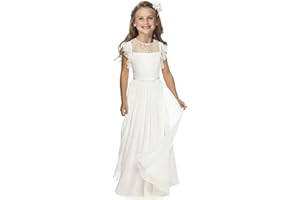 TYHTYM Blumenmädchen-Kleid, Festzug, Kleid der Brautjungfer, Hochzeit, Spitzenkleid, Ballkleid, Mädchen, Partykleid, Flatterärmel, Elfenbein Gr
