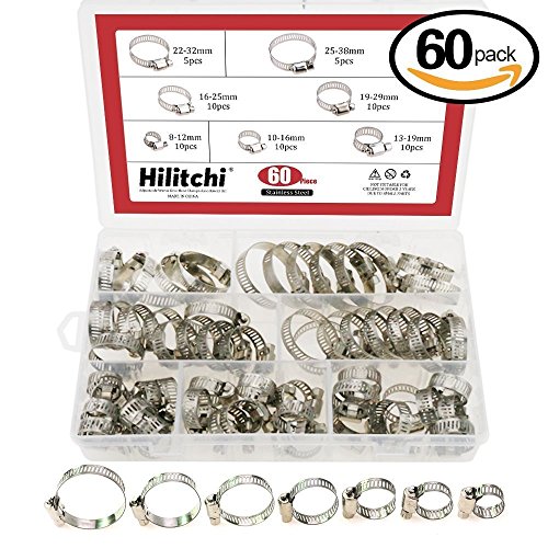 hilitchi 60 Stück verstellbar 8–38 mm Range Edelstahl Worm Gear Schlauchschellen Sortiment Kit