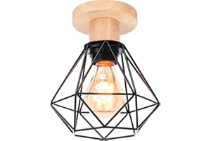 iDEGU Lustre Plafonnier Industriel Métal Bois Suspension Luminaire Style Cage Géométrique Mini Éclairage E27 Lampe de Plafond Vintage pour Couloir Entrée, Noir, Ø 16cm (Plafond)