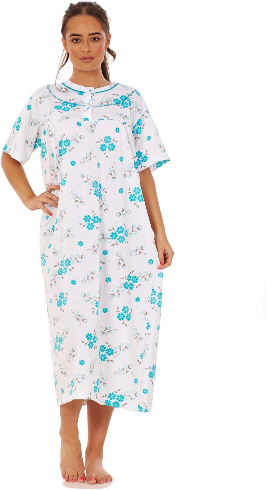 ApparelWomen's Long Nightdress 100% Cotton Floral Button Short Sleeve Nightwear M to 3XL