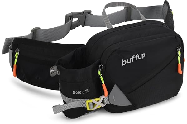 buffup® Sac Banane de randonnée Femme et Homme,Sacoche Banane de Sport Ceinture avec Pore Bouteille,Idéal pour la Course à Pied,Le vélo,Le Voyage(Noir :)
