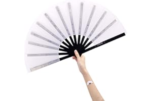 Amajiji Large Folding Hand Rave Fan for Women/Men, Chinease/Japanese Bamboo and Nylon Cloth Foldable Hand Fan for Performance, Festival, Events, Dance, Decorations (White-1)