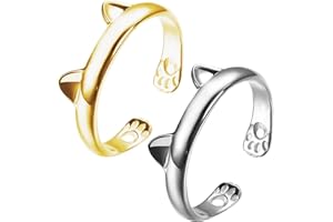 DUINIU Open Adjustable Cat Ring Set - 2 Pieces With Paw Print and Ear Design in Gold and Silver - Creative Gifts for Girls