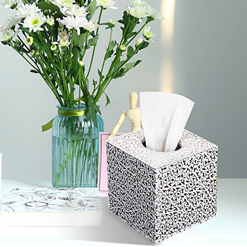 Ciaoed Tissue Box PU Leder Kleenex boxen Taschentücher Halter für Home Office Autor (Silber Schnitzen) - 6