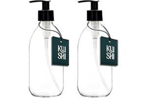Kuishi Clear Glass Soap Dispenser with Pump [300ml Pack of 2], Clear Soap Dispenser with Black Plastic Pump (BPA-Free), Glass Shampoo Bottles Ideal for Handwash, Conditioner, Shower Gel