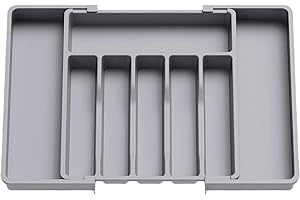 HIYAA Vassoio di utensili estensibile per cassetto,Range posate,Organizzatore di cassetti per la cucina, supporto di stoccaggio in plastica per posate, cucchiai, forchette ecc,Grigio
