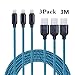 Price comparison product image Lightning Cable iPhone Charger (3m 3Pcs), Long Nylon Braided Apple iPhone USB Charging Sync Data Cable Lightning Lead Cord for iPhone X/8/8 Plus/7/7 Plus/6s 6 Plus, iPad Pro Air mini / iPod Nano Touch (Blue)