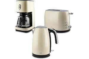 KHG Frühstücksset Wasserkocher, Toaster & Kaffeemaschine Creme Beige Retro Vintage, Kapazität 1,7 Liter, 2 Toastscheiben & 12 Tassen Kaffee, 360° Sockel, Röstgradeinstellung, Warmhaltefunktion