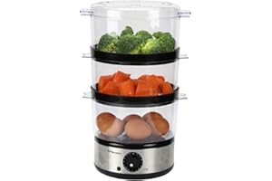 EMtronics 3-Tier Food, Meat & Vegetable Steamer with 60 Minute Timer, 6 Litres - Stainless Steel