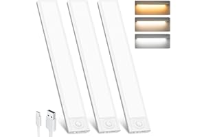 FUNTOOLDE 3 Pack 58 LED Under Cupboard Kitchen Lights, 2000mAh Type C Rechargeable Under Cabinet Kitchen Lights 3 Color Temps 3 Modes Motion Sensor Wardrobe Stair Lights for Kitchen, Hallway, Bedroom