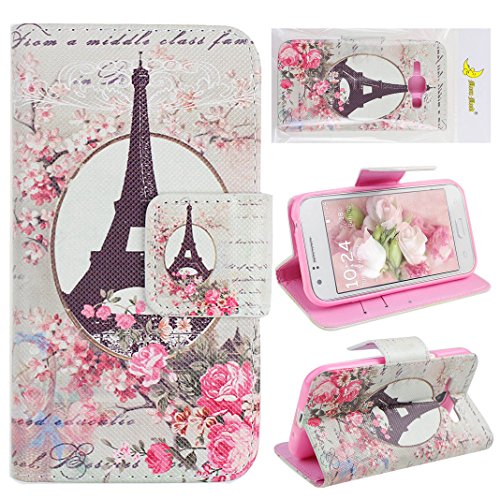Hülle Galaxy J1 2015 Rosa Leder Etui,Moon mood® PU Leder Schutzhülle für Samsung Galaxy J1 (4.3 Zoll)(Not for Samsung Galaxy J1 2016) TPU Innere 3 Kartenfächer Bunte Malerei Standfunktion Handytasche (Paris Eiffelturm Pink Blume Spiegel)