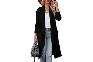 Uusollecy Kardigan damski z długim rękawem, drapowany, otwarty przód, długi kardigan z kieszeniami