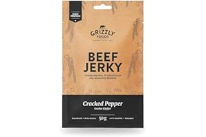 ‎GRIZZLY SNACKS Beef Jerky • Deutsches Rindfleisch • Trockenfleisch vom Rind im Set • 10er-Pack • Cracked Pepper • (10 x 50g = 500g)