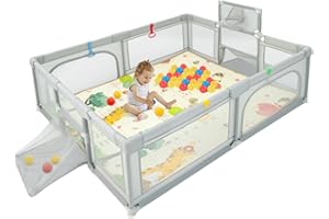 LIFEZEAL Baby Laufstall Faltbar, Laufgitter mit 50 Spielbällen & Matratze, Krabbelgitter Aktivitätszentrum für Kinder, mit Tragetasche (205 x 145cm x 69 cm, Hellgrau)