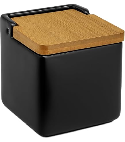 Saliera In Ceramica Con Coperchio In Bambù - Design Moderno, Nero Opaco, 12.2x12.2x11.5 Cm, Da Cucina - Foto 6