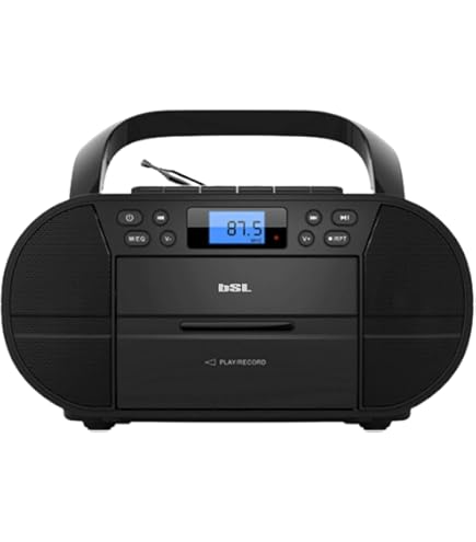 Greadio Draagbare cd-speler, boombox met cd-radio, bluetooth, cassette, afstandsbediening, FM-radio, AUX/USB/SD-kaart-in, 5 W dubbele luidspreker, 5000 mAh oplaadbare batterij, LCD-scherm, zwart