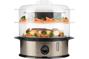 BLACK+DECKER BXST800E - Vaporiera 800W | Capacità 6,5L | Serbatoio Acqua 1L con Indicatore | 2 Vassoi Impilabili + Ciotola per Riso | Timer 60 min | Senza BPA | Lavabile in Lavastoviglie