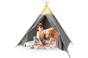 Lifemaison Kindertipi Spielzelt Polyester 115x115x140cm,Kinderzelt weiß Kindertipi im Montessori-Stil Polyester und Holzrahmen,Tipi Zelt für Kinder,Polyester Tippi Kinderzelt für Outdoor und Indoor