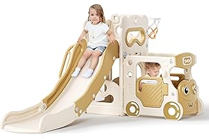 Krovtoy 4 in 1 Toddler Slide Freestanding with Slide, Foldable Basketball Hoop, Climbing Ladder, Bus-themed Playhouse, Baby Slide Playground Equipment, Slide for kid age1-4 Indoor & Outdoor