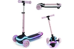 KK KINDERKRAFT Kinderkraft RAKET Monopattino Bambini 2+ Anni a 3 Ruote con Luci LED RGB – Leggero e Pieghevole, Manubrio Regolabile, Sistema di Equilibrio, Freno Sicuro, Rosa