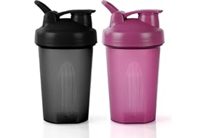 AOGOE Butelka do shakera proteinowego z kulką do mieszania ze stali nierdzewnej, 400 ml, 2 szt. białek i suplementów, szczelna pokrywka z klapką, mikser do koktajli, bez BPA, czarna + fioletowa