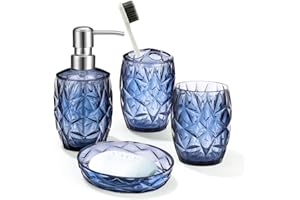 Aksipo Blue Acrylic Bathroom Accessory Set, 4 Pcs Bathroom Accessories Set with Lotion Dispenser,Soap Dish,Tumbler,Toothbrush Holder, Modern Bathroom Decor and Housewarming Gift Set