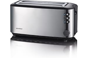 ‎SEVERIN Severin Doppel-Langschlitztoaster mit eingebautem Brötchen-Aufsatz, für 4 Brotscheiben, Brotscheibenzentrierung, Aufwärm- und Defroster-Stufe, Edelstahl gebürstet, schwarz, 1.400 W, AT 2509