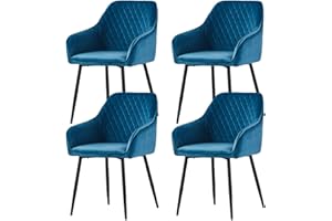 AINPECCA Set of 4 Dining Chairs Teal Velvet Armchairs with Armrest & Backrest Upholstered Seat with Black Metal Legs (Teal Velvet, 4)