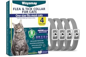 Woyamay Flea Treatment Cat, 4 Pack Flea Collar for Cats, Adjustable Water Resistant Cat Flea Collars, Natural 8 Months Protection Cat Flea and Tick Collar for All Cat Breeds and Sizes, Grey