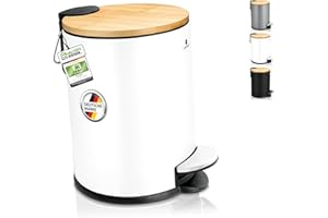 Exitoso kleiner Mülleimer Bad weiß - Kosmetikeimer 3L Bambus rutschfest - Tretmülleimer Bad Edelstahl mit Softclose Deckel - Badmülleimer Kosmetikeimer weiß Bad Mülleimer Badezimmer WC Eimer