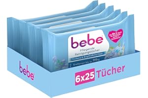 ‎BEBE bebe Pflegende Reinigungstücher gründlich reinigende Abschminktücher mit Kokoswasser für trockene & empfindliche Haut , 6 x 25 Stück