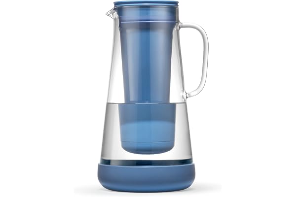 LifeStraw Home Carafe filtrante d'eau en verre avec base en silicone; Protection contre bactéries, parasites, microplastiques, plomb, mercure, PFAS et autres polluants; 1,6 L, Stormy blue (bleu)