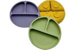 Bojiwavawd Silicone Baby Self Feeding Suction Plates for Toddlers Weaning, 3 Pack Non Slip Divided Feeding Plates Unbreakable Divided Dishes for High Chair Tray (Purple Olive Mango)