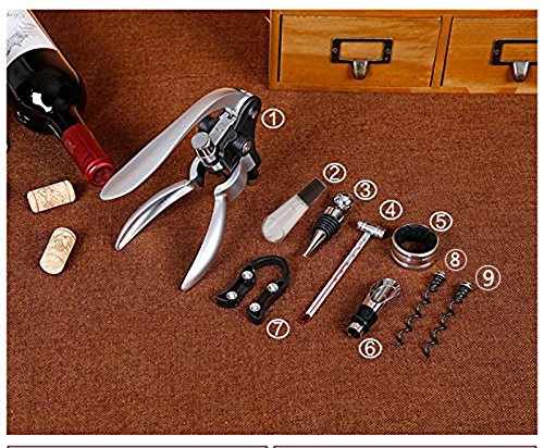 Cooko Kaninchenstil Korkenzieher, Manueller Wein Öffner Kit mit Belüfter und Ausgießer,Zink-Legierung Griff Korkenzieher,Deluxe Weinöffner Zubehör mit 9 Stück, Elegantes Design-Set mit Dunklem Kirschholz Etui. - 3