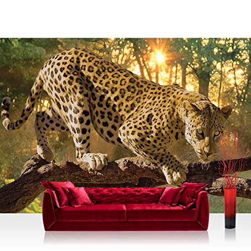 Vlies Fototapete 200x140 cm PREMIUM PLUS Wand Foto Tapete Wand Bild Vliestapete - Tiere Tapete Gepard Baum Sonnenuntergang gelb - no. 728