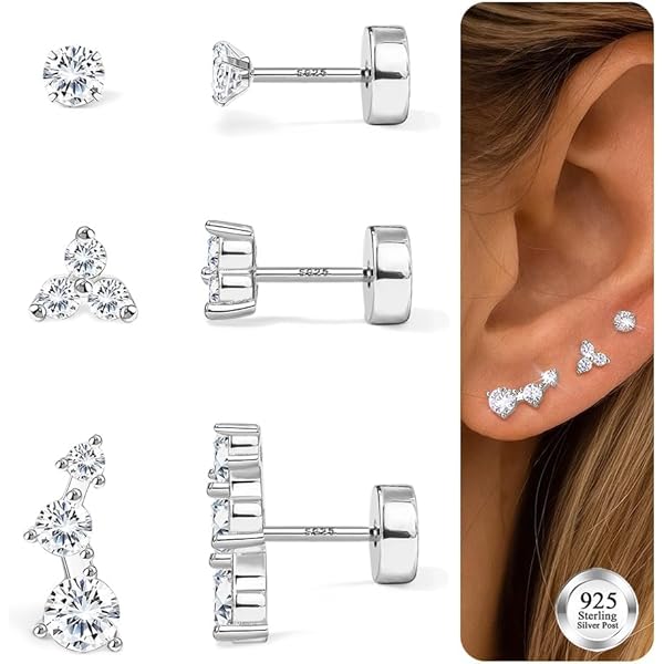 Halora Set van 3 paar oorbellen zilver 925 set dames 14K verguld kleine creolen, oorstekers, goud/zilver, hypoallergeen, stapelbaar, zirkonia, oorbellen, creolen, set, sieraden, geschenken, Sterling