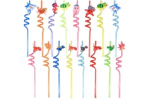JSYSJ 16 Piezas Pajitas para niños, Varios Lindo Shapes y Multicolor Reutilizable Pajitas Rizadas de Plástico para Niños Fiesta de cumpleaños Decoraciones, Beber Decoraciones
