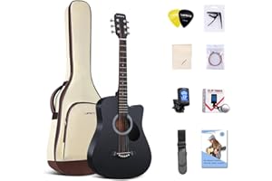 Lankro Chitarra Acustica 3/4 Per Principianti da 38 Pollici, per Bambini, Black Basswood Cutaway Guitarra Starter Kit con Custodia Morbida Stap Libro di Apprendimento Corde Strap Tuner Picks