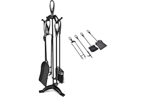 GiantexUK 5-Piece Fireplace Companion Set, Wrought Iron Fire Place Tools Set with Stand, Tong, Shovel, Brush & Poker, Fireside Wood Burner Stove Accessories (Black, 4 Hooks, 3-Point Base)