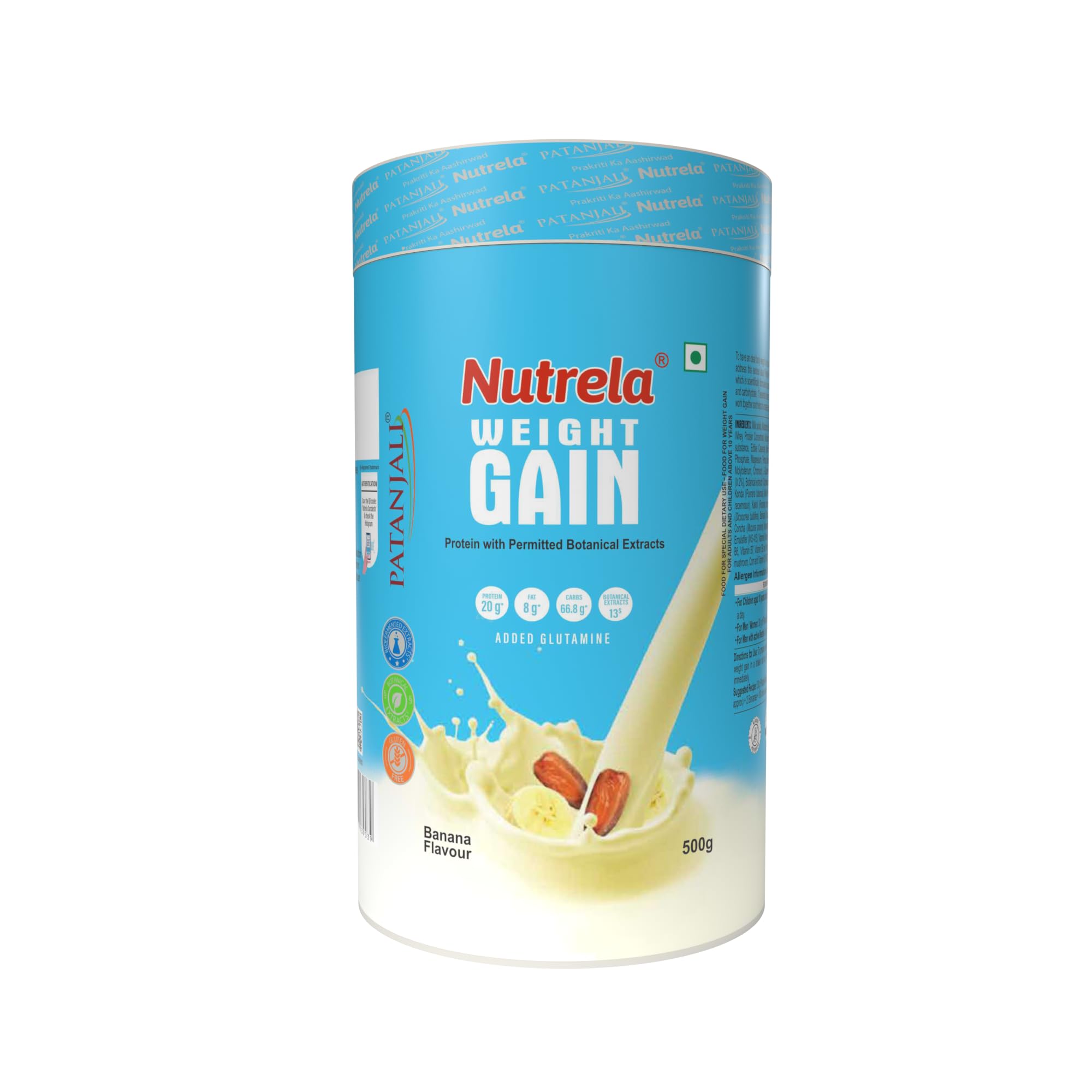 Nutrela Weight Gainer Powder - 500 gram, Banana Flavour | 20g Protein, 66.8 Carbs, 13 Vitamins & 12 Minerals with Khandsari S